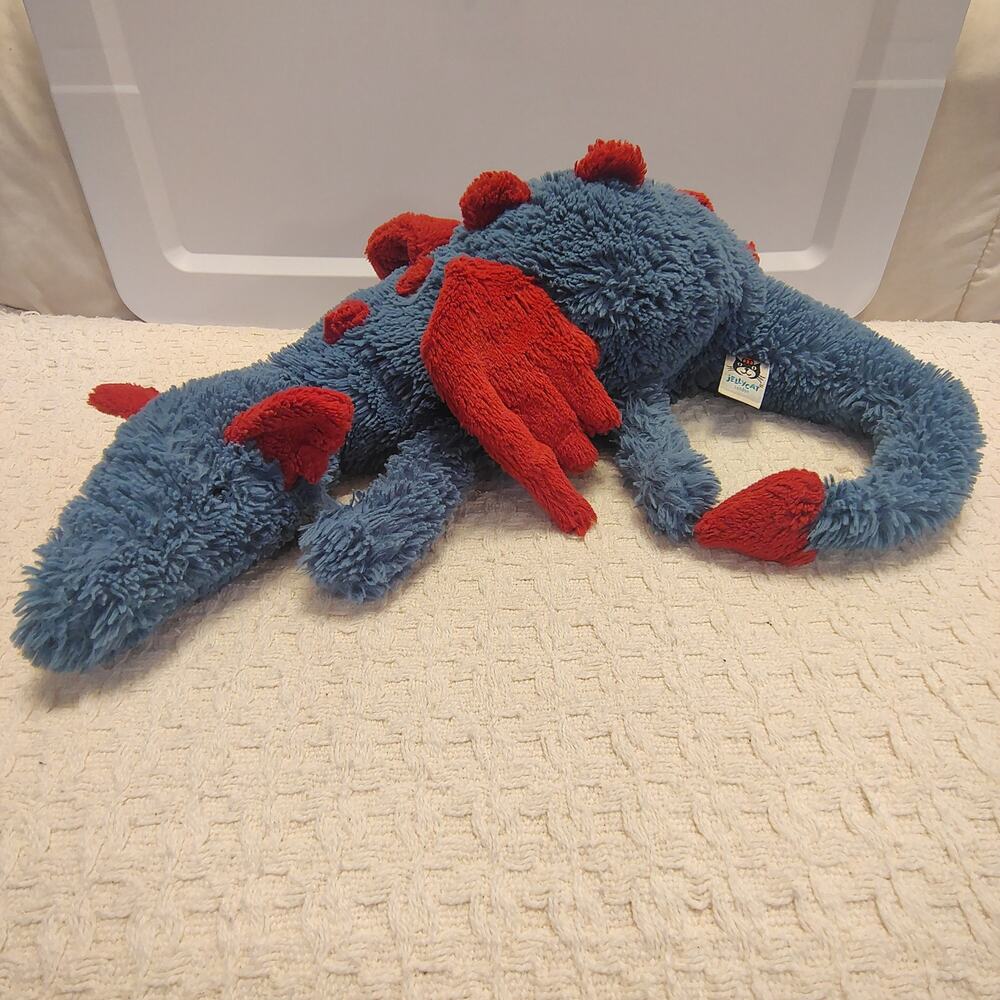 Large"Dexter The Dragon" Blue Real Red Jellycat Laying Plush 26" Soft RETIRED